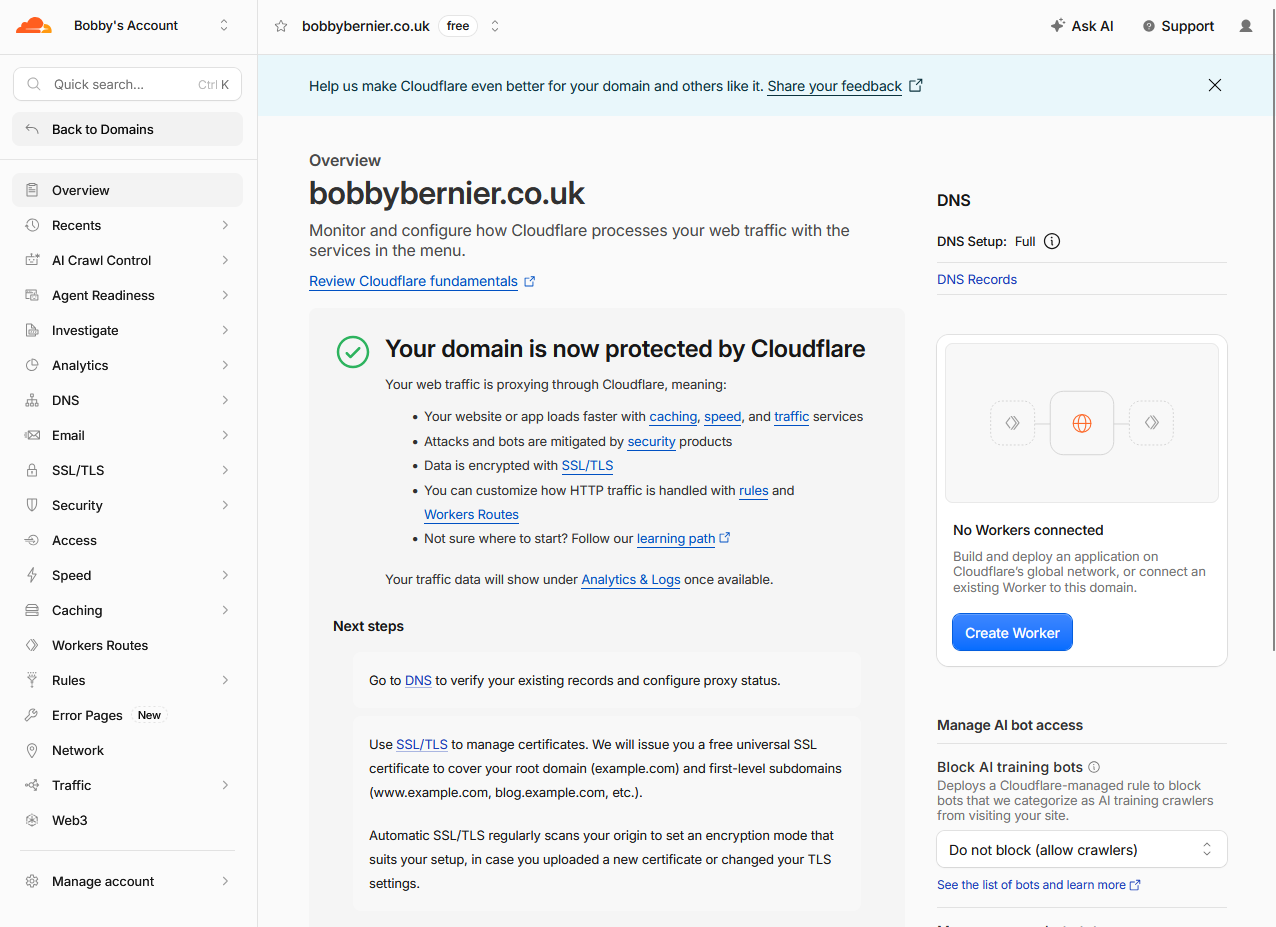 Cloudflare confirming that the domain is active and protected
