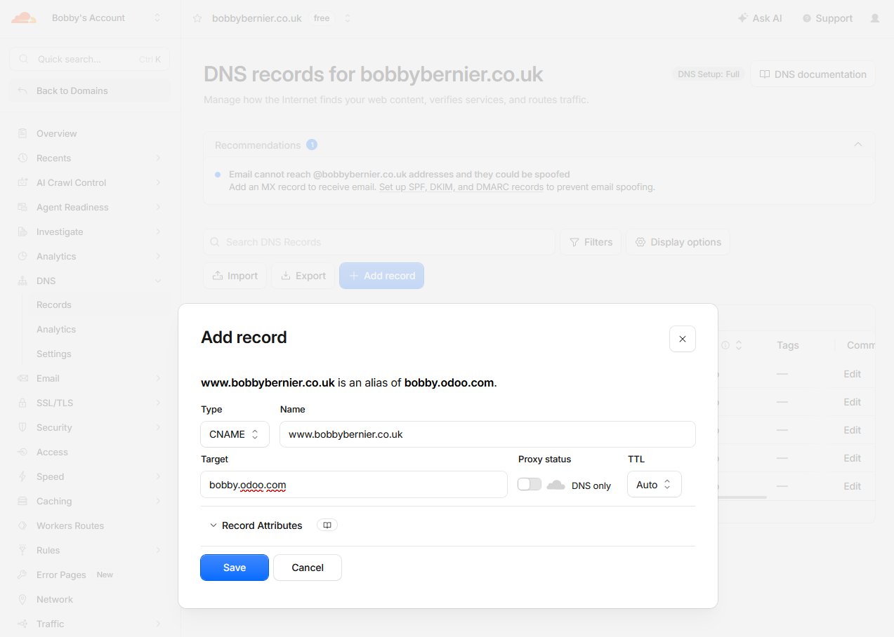 Creating a Cloudflare CNAME pointing a custom domain to Odoo