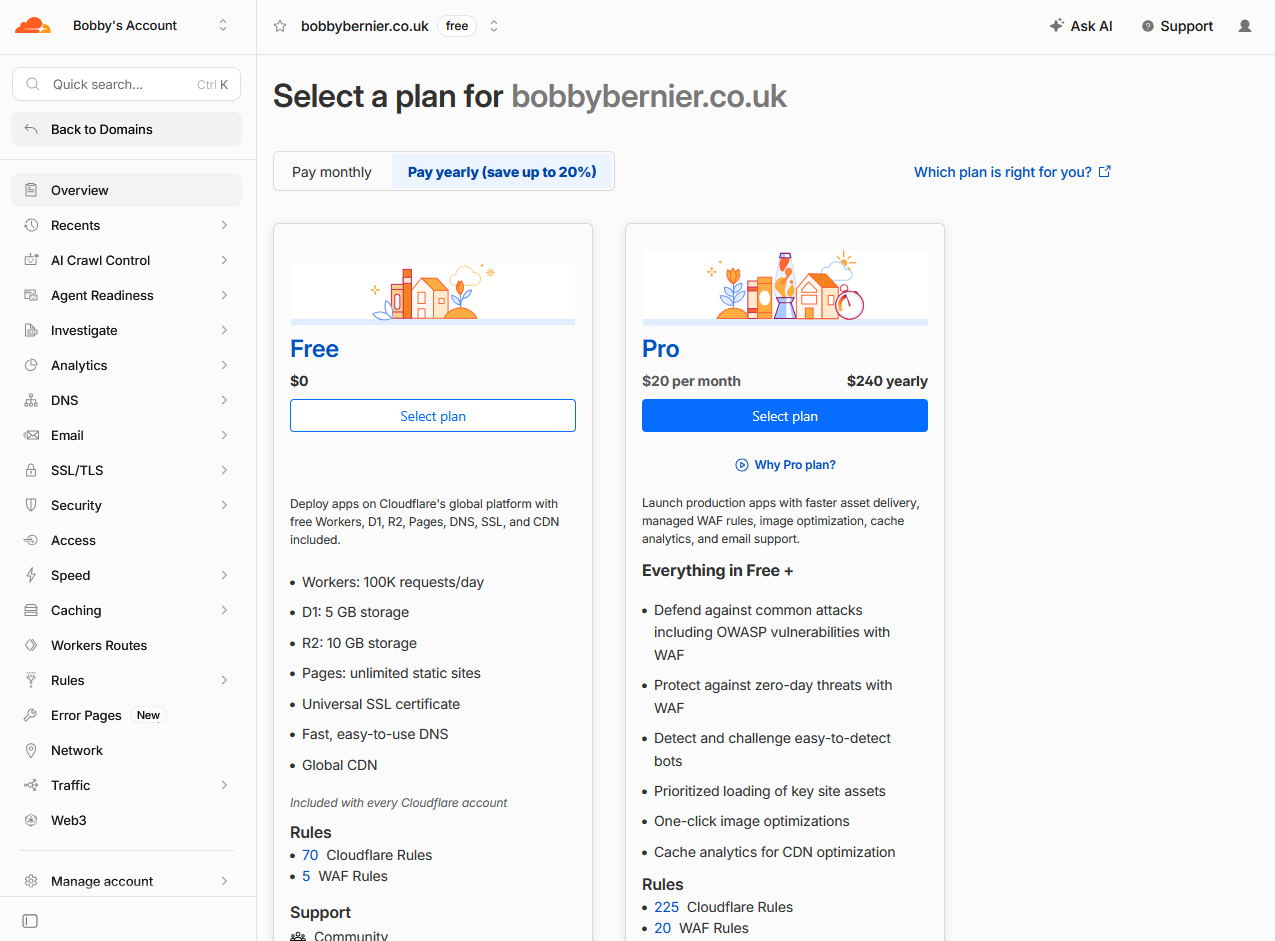 Selecting the Cloudflare Free plan