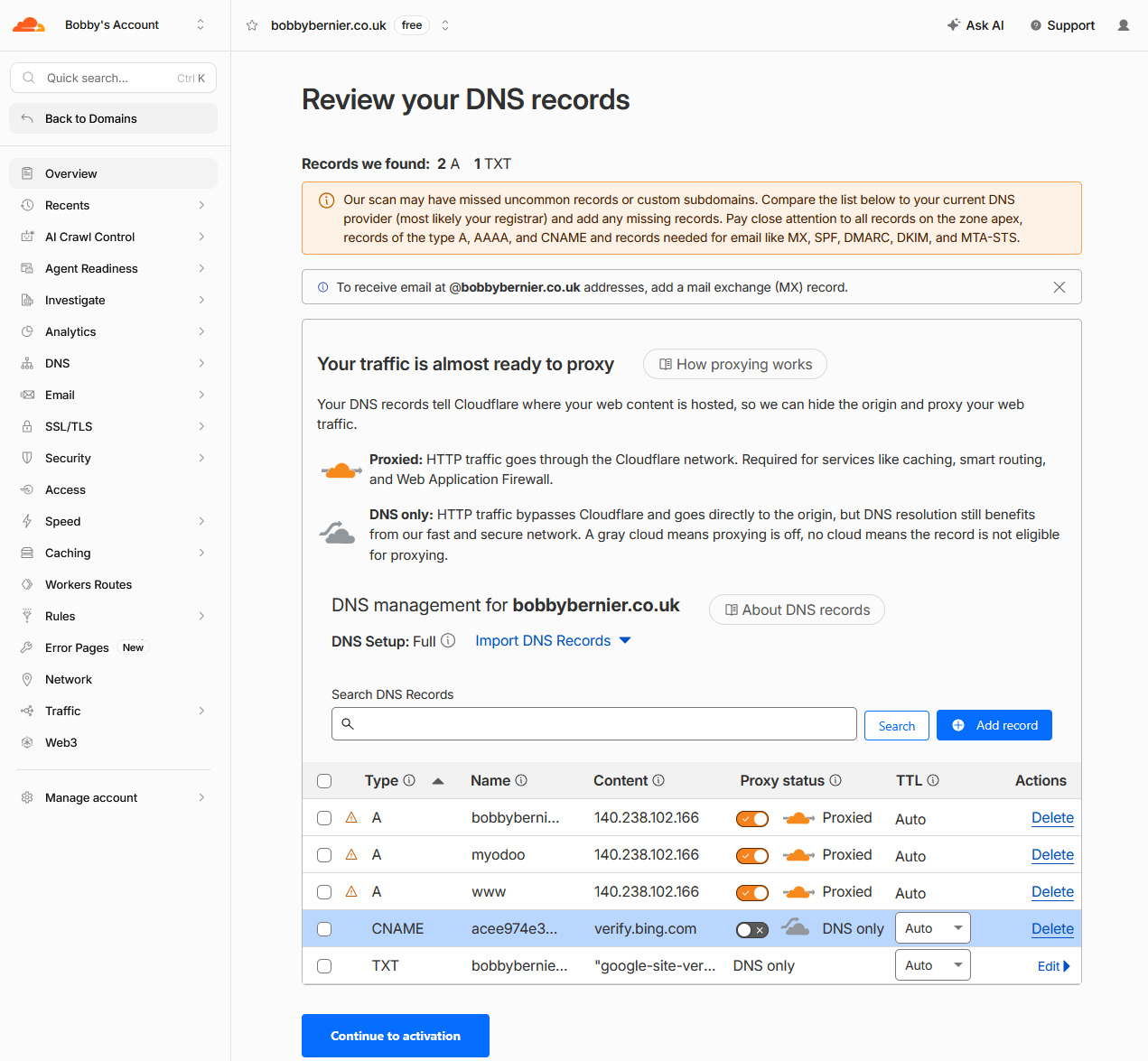 Reviewing imported DNS records in Cloudflare