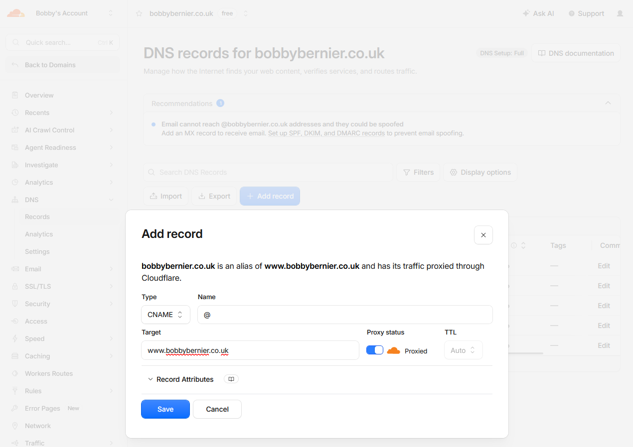 Cloudflare root domain CNAME pointing to the www hostname