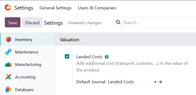 Enabling landed costs in the Odoo Inventory settings