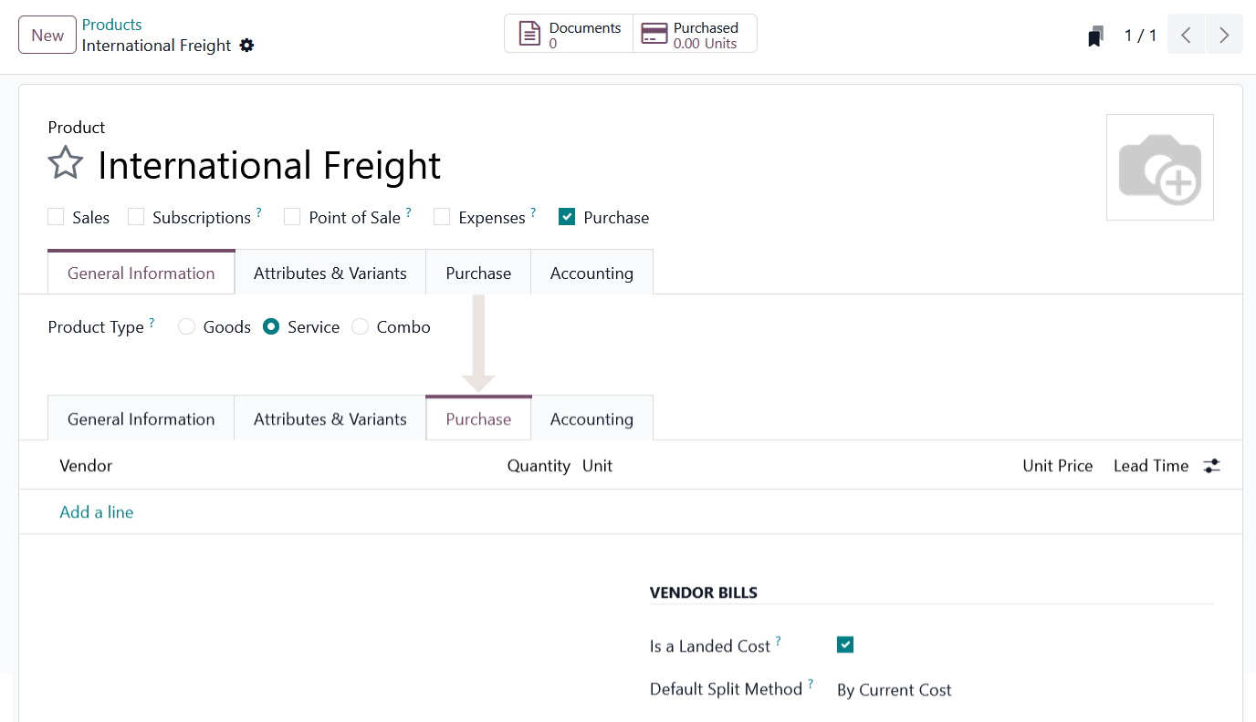 Configuring a landed cost product in Odoo