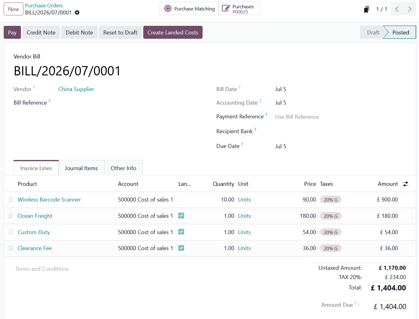 Vendor bill containing a landed cost product in Odoo