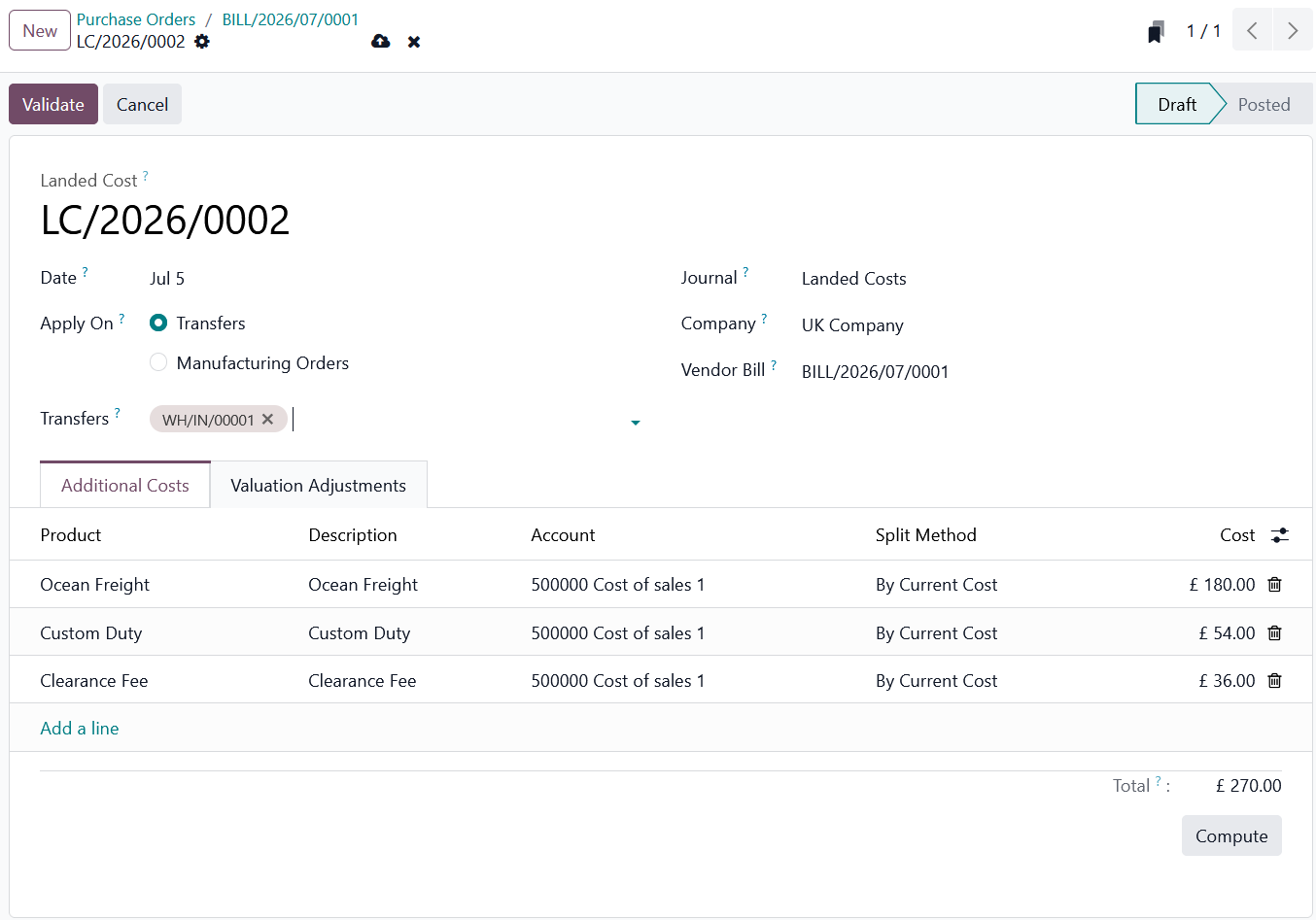 Landed cost document created from a vendor bill
