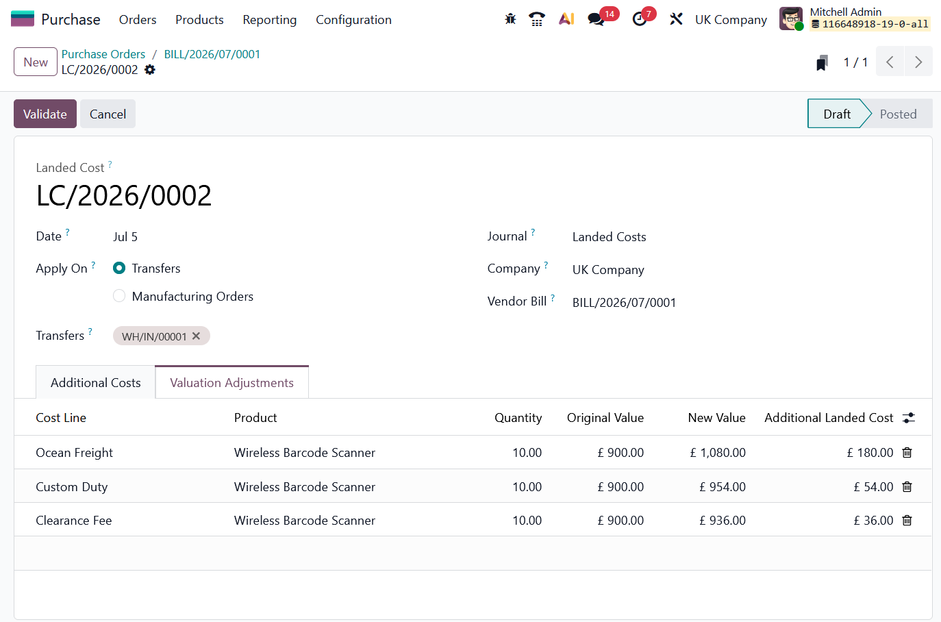 Valuation adjustments calculated for landed costs in Odoo