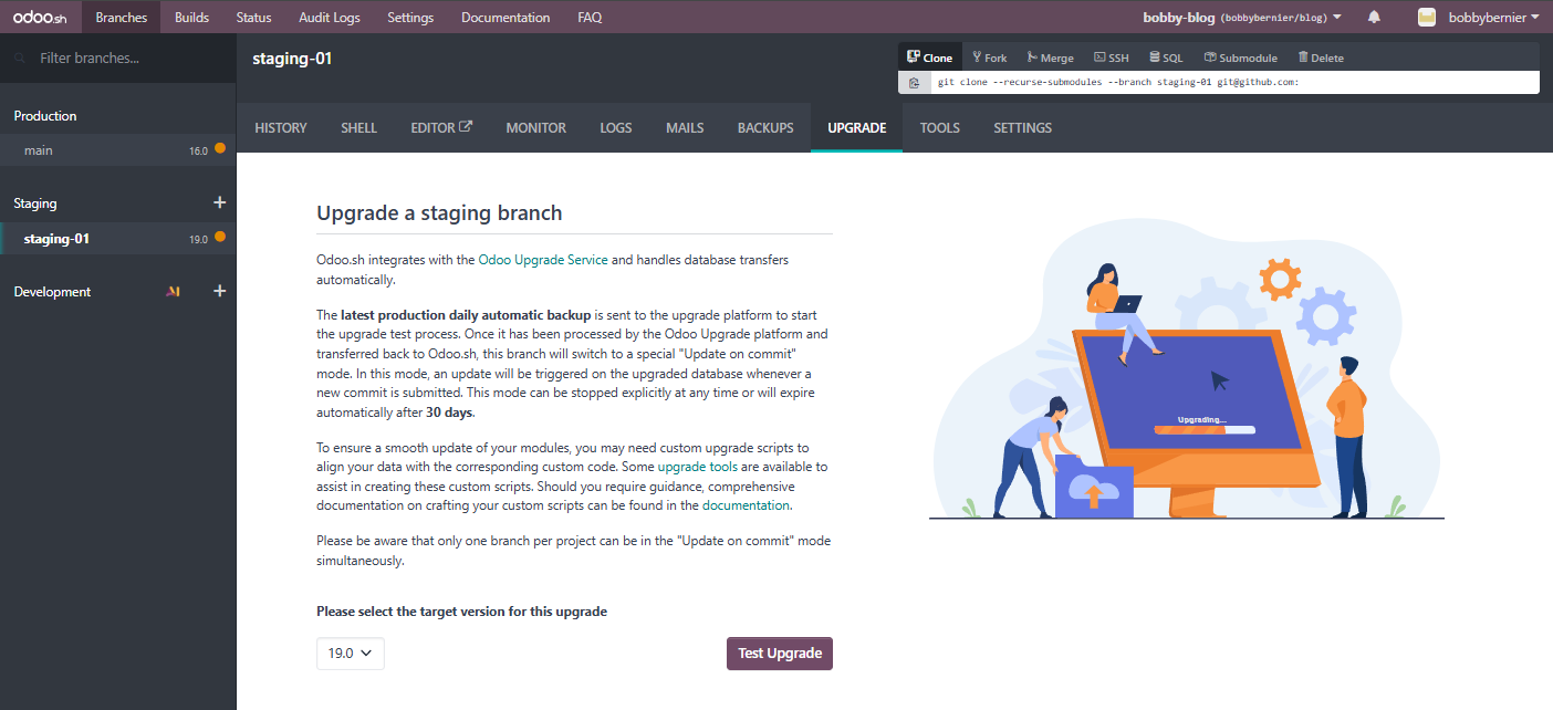 Main page of Odoo.sh before starting the upgrade process, selecting the target version