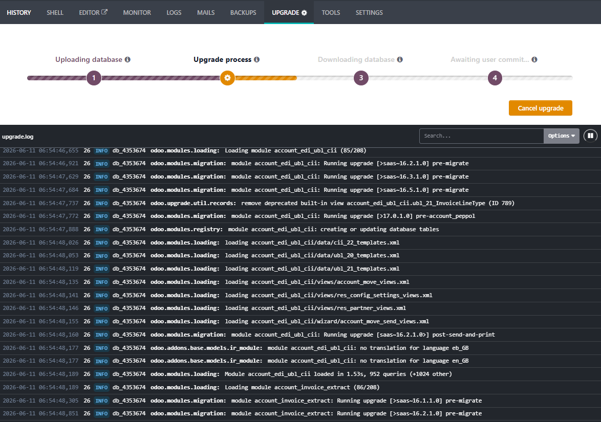 Odoo.sh, page of upgrade in progress showing the upgrade logs with standard migration scripts running.