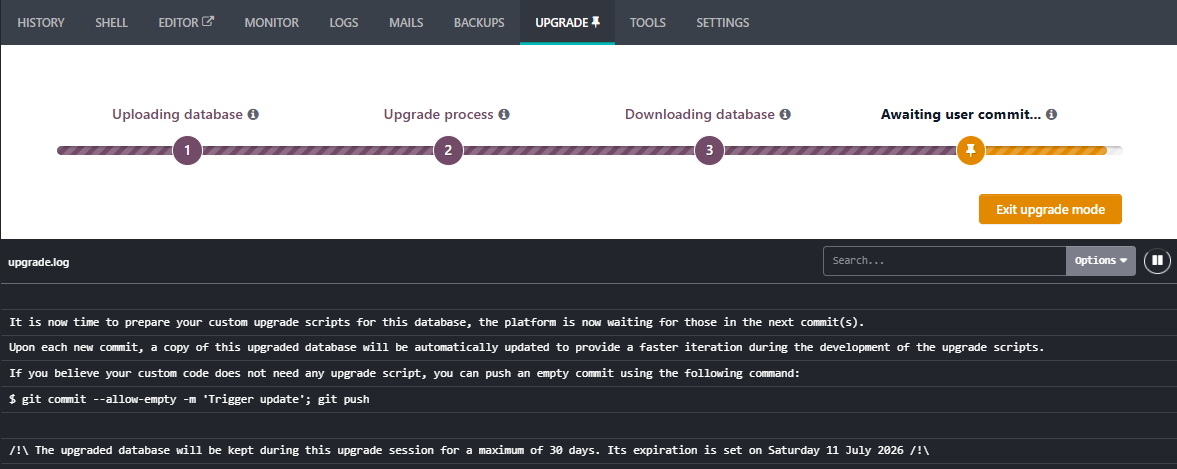 Odoo.sh, page of upgrade awaiting user commit with the logs showing instructions.