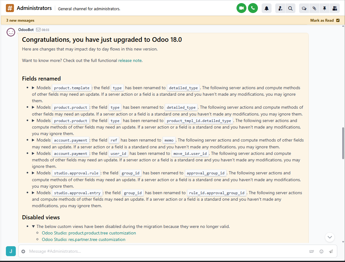 Odoo Discuss, showing the administrator channel with warnings about changes in the new version.